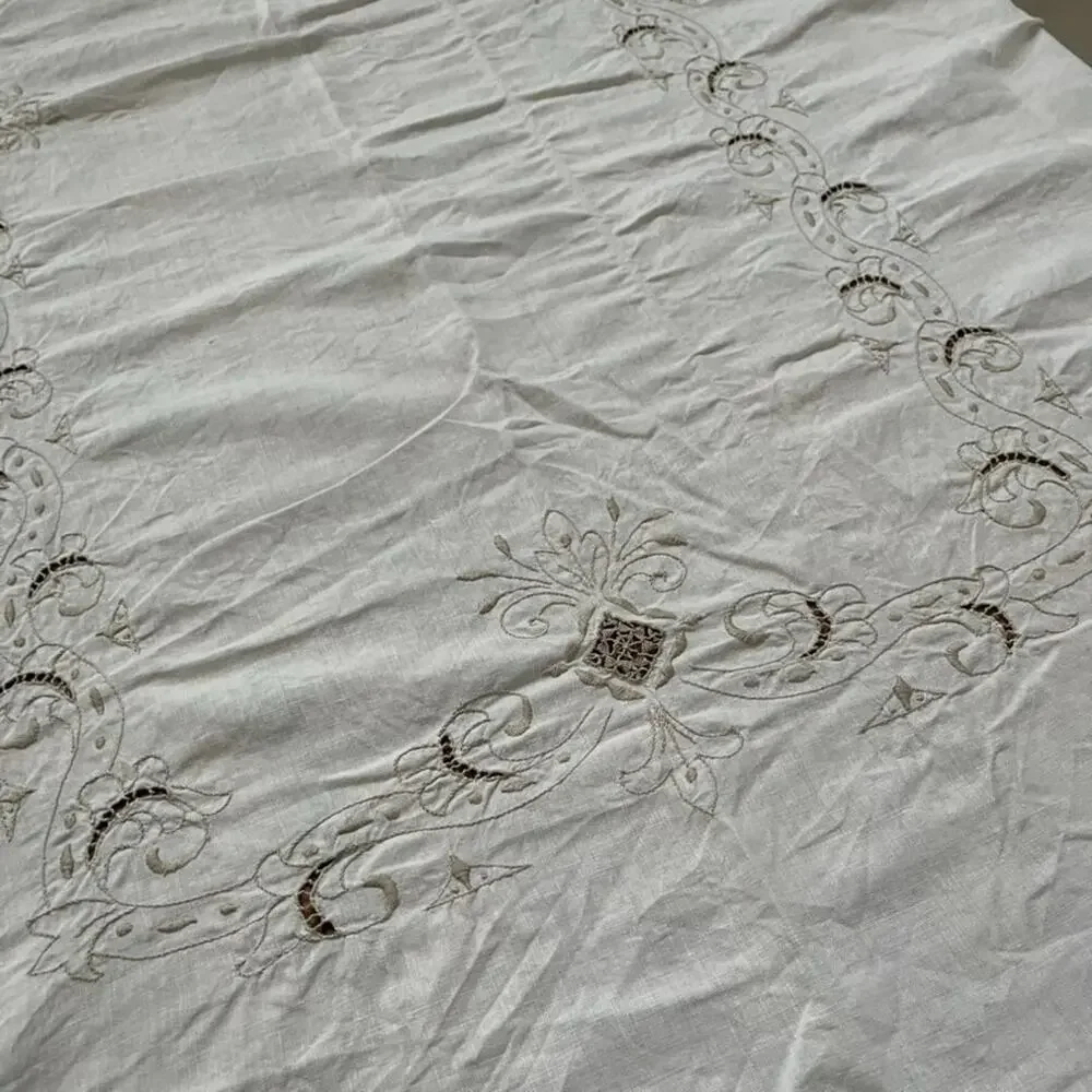 Vtg 1 Tablecloth & 10 Napkins Off-white Linen Taupe Embroidered Openwork Madeira
